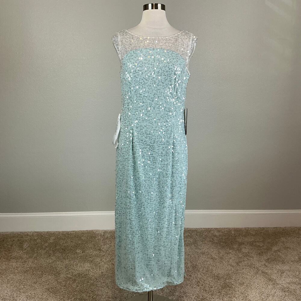 JS Collections Sequined Short Sleeve Midi Sheath Cocktail Dress Blue Size 6 - Picture 2 of 12